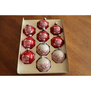 Vintage Mixed Lot of 10 Red Wht Glass Christmas Ornaments Glitter Stencil 2.25"